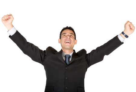 successful business man with arms up over a white background