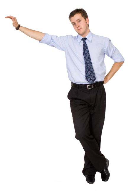 business man standing with his arm placed on something imaginary over white