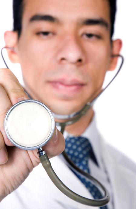 male doctor over a white background with a stethoscope