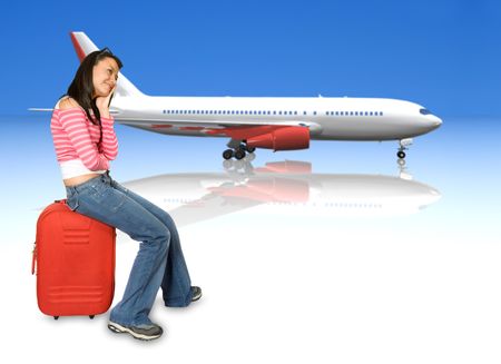girl sitting on a suitcase dreaming of her vacations over white with a 3d airplane in the background