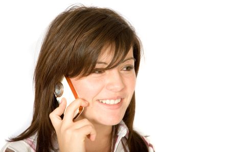beautiful girl talking on the phone over white