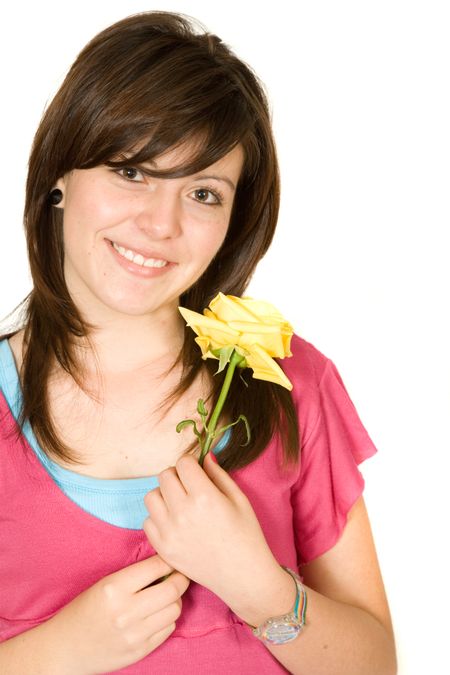 beautiful girl with flower over a white background