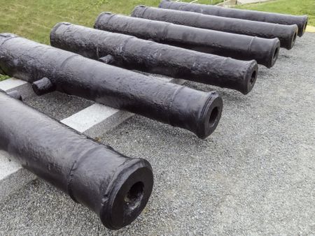 Display of antique cannon barrels at Fort Adams State Park, Newport, Rhode Island