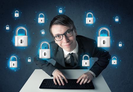  Young hacker with virtual lock symbols and icons on blue background