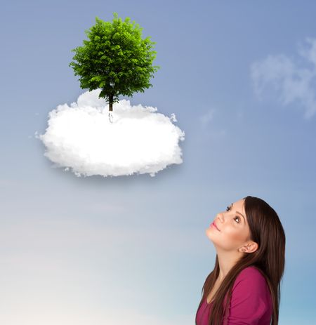 Young girl pointing at a green tree on top of a white cloud concept