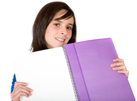 student showing notebook over a white background