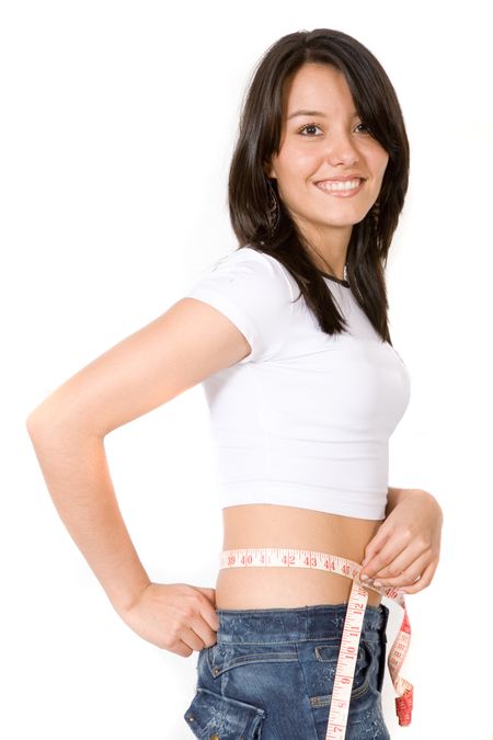 fit girl on a diet smiling over white