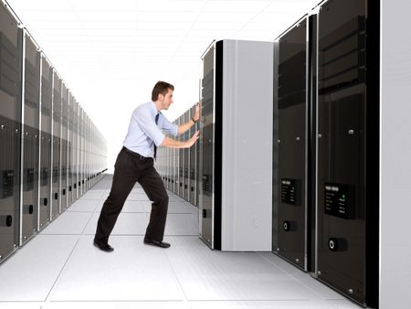 Business man adding server to network in a server room - 3d rendered servers high detail