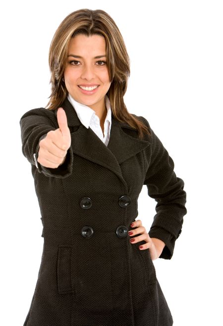 business woman thumbs up - isolated over a white background