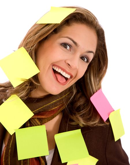 business mulitasking woman isolated over a white background