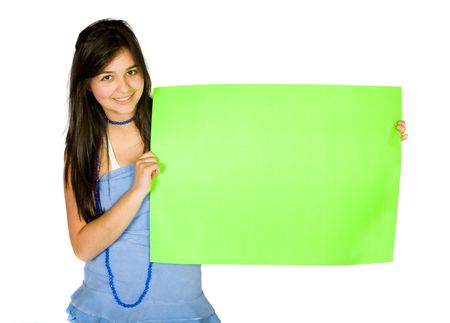 beautiful girl holding a green banner over white