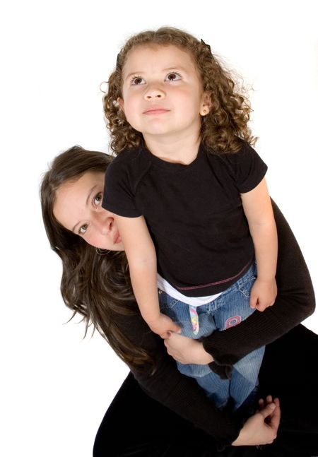 beautiful little girl looking forward to a bright future with her mum - over white