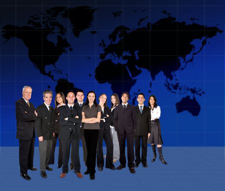 business team in front of a worldmap in the background