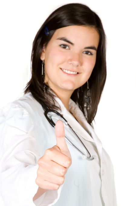 friendly female doctor over white - focus is on hand