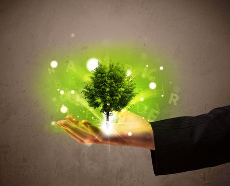 Young businessman holding a glowing tree in his hand