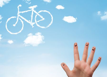 Happy cheerful smiley fingers looking at a bicycle shapeed cloud