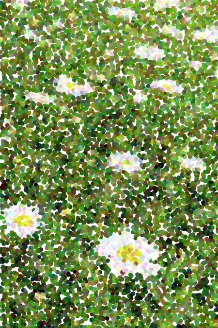 Pointillist abstract of daisies, like a mosaic, in midsummer garden