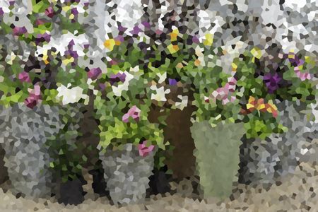 Crystallized abstract of floral display with multiple tall containers in spring