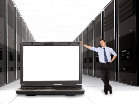 business servers made in 3d with their manager and a laptop in front - space on the laptop screen for you to put your message