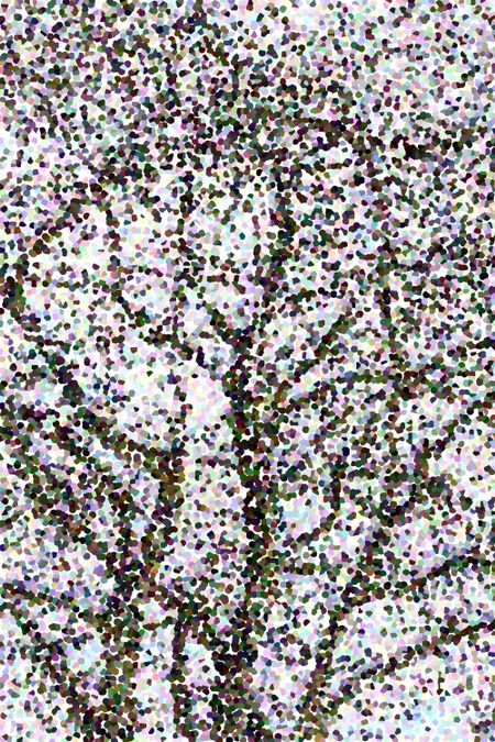 Pointillized abstract of tall tree with snowy branches in winter