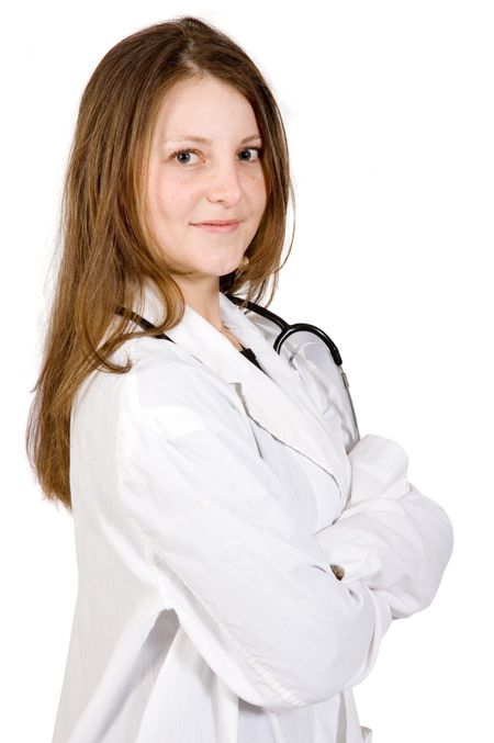 friendly female doctor over white