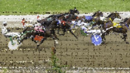 Crystallized illustration of drivers and horses in a harness race