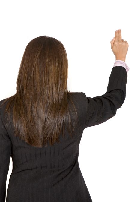 business woman pointing at something over white