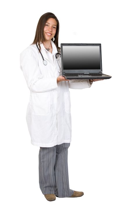 female doctor with a laptop - full body over white