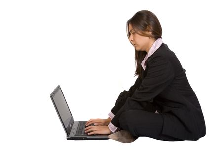 business woman working on the floor over white