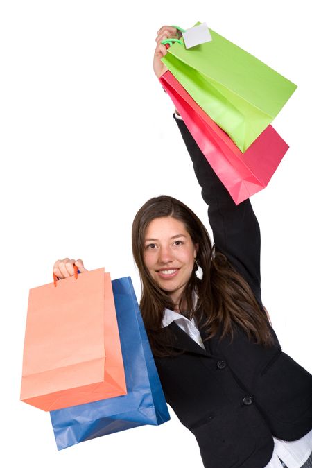 business woman with shopping bags over white