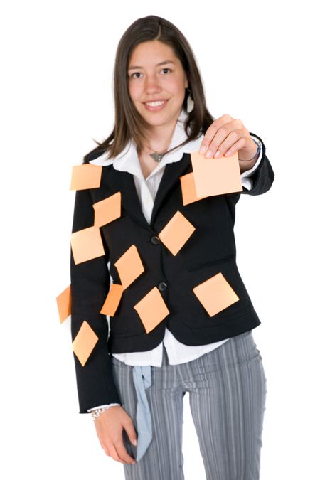 business woman holding a post it up waiting for you to give her a task - over white