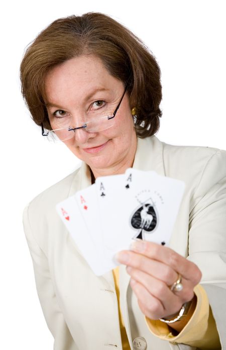 business success - woman holding a winning hand with her cards over white