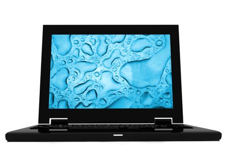 black laptop in a high resolution 3d render with a waterdrop wallpaper over white - easy to isolate - focus is on screen