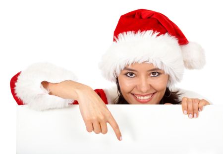 Female santa holding a christmas white card - isolated over a white background
