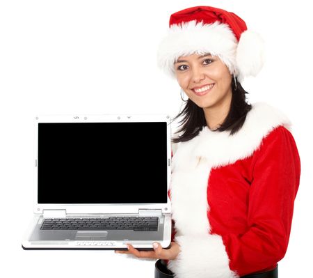 Christmas girl displaying a laptop computer - isolated over a white background