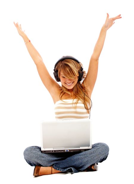 casual success girl on a laptop - isolated over a white background