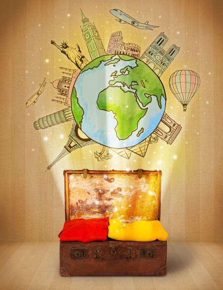 Luggage with travel around the world illustration concept on grungy background