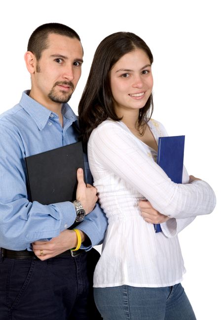 casual student couple over a white background