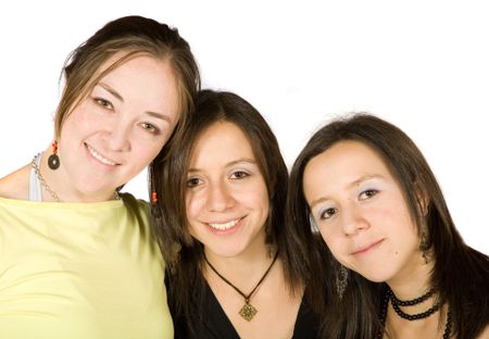 beautiful female friends where two of them are twin sisters - over white