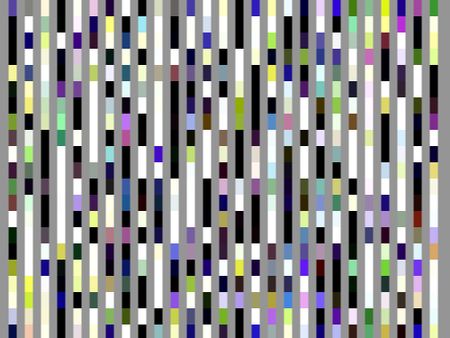 Industrial-style abstract with multicolored columns of rectangles separated by parallel gray stripes