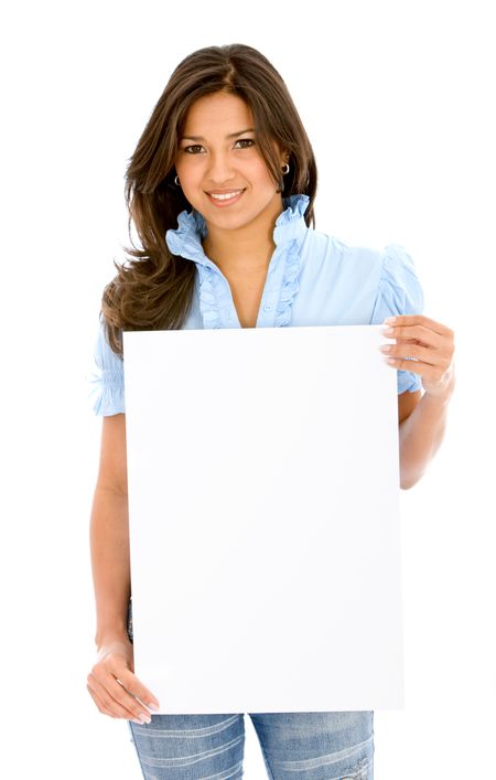 casual woman displaying a banner add isolated over a white background