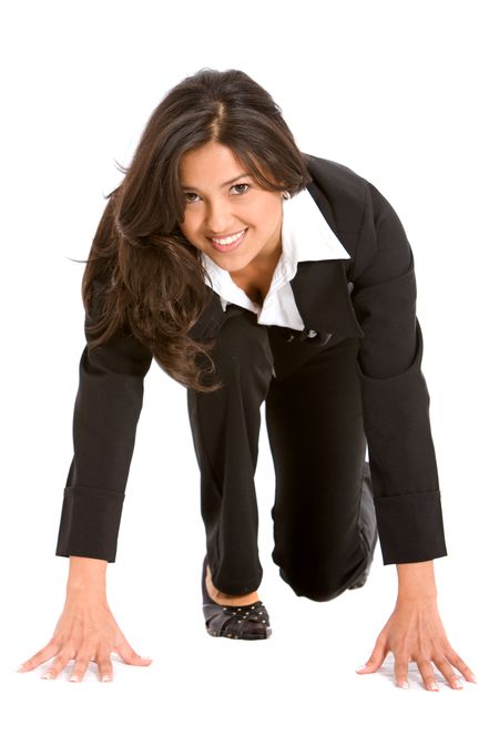 Business man ready to race isolated over a white background