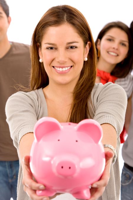 casual woman looking to save money in a piggy bank