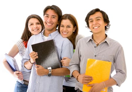 group of students with notebooks isolated over a white Background