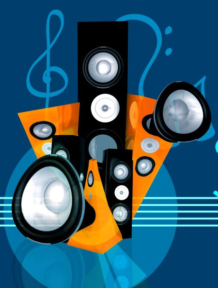 abstract music illustration- speakers are made in 3d with a 2d background in blue