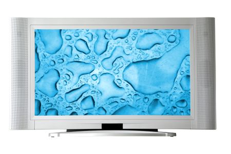 widescreen television over a white background featuring a photo of waterdrops on the screen