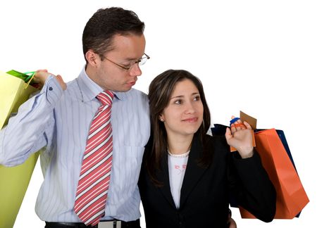 business couple out shopping over a white background