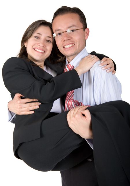 happy business couple over a white background