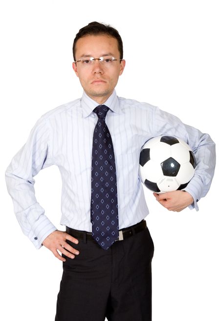 business man with football over white