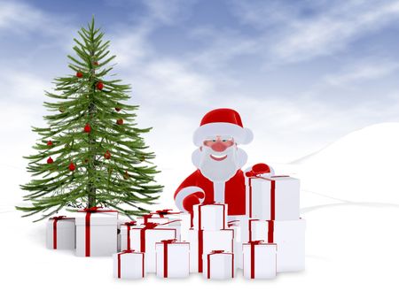 santa with gifts and a christmas tree on a white snowy landscape
